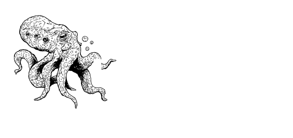 Black and white image of animated kraken
