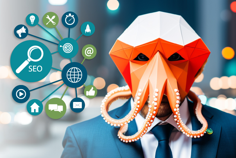 SEO wheel with a man with a mask with tentacles on, standing next to it.
