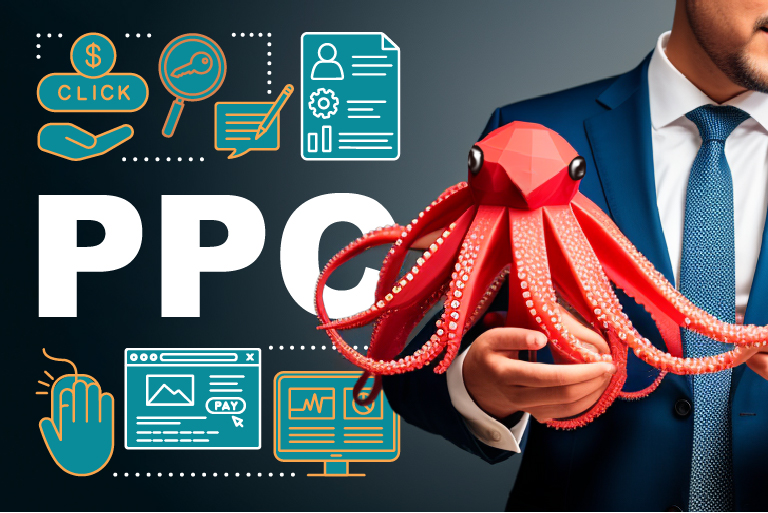 PPC letters and other logos, with a man standing next to it holding an octopus