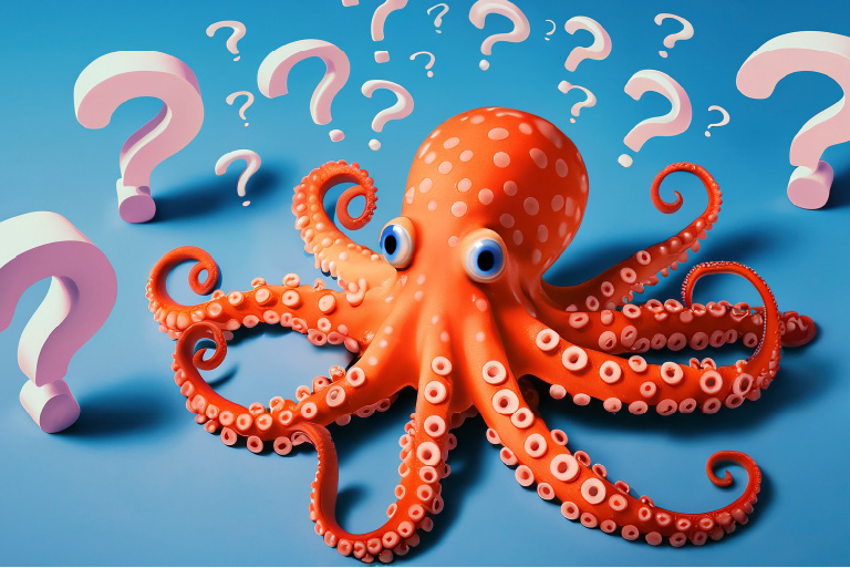 Kraken surrounded by question marks