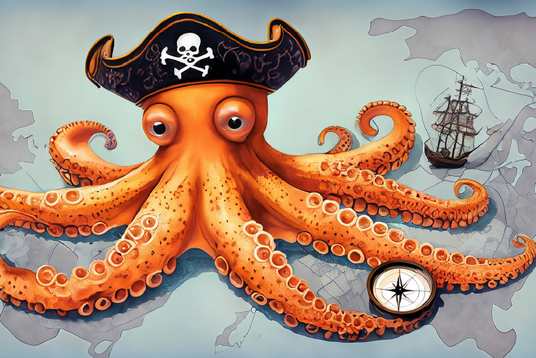 kraken with hat holding compass