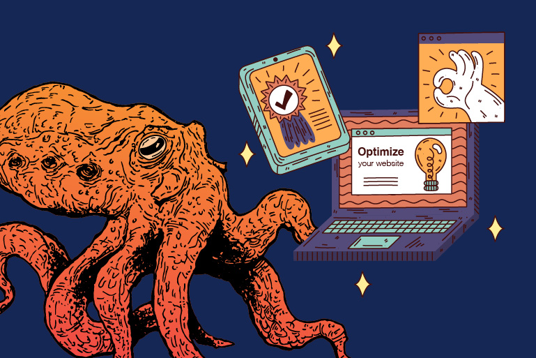 Kraken next to animated laptop and certificates