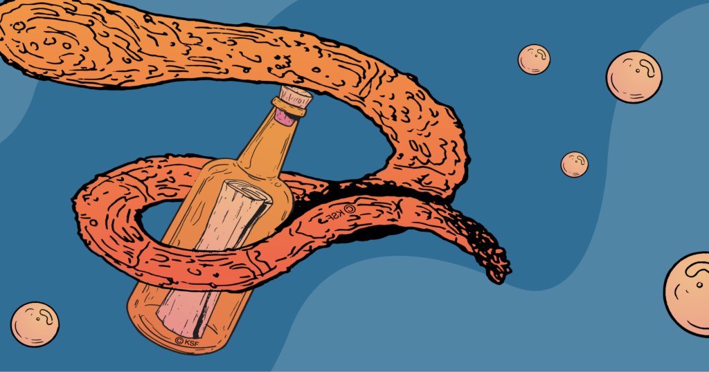 animated kraken tentacle clutching bottle with note