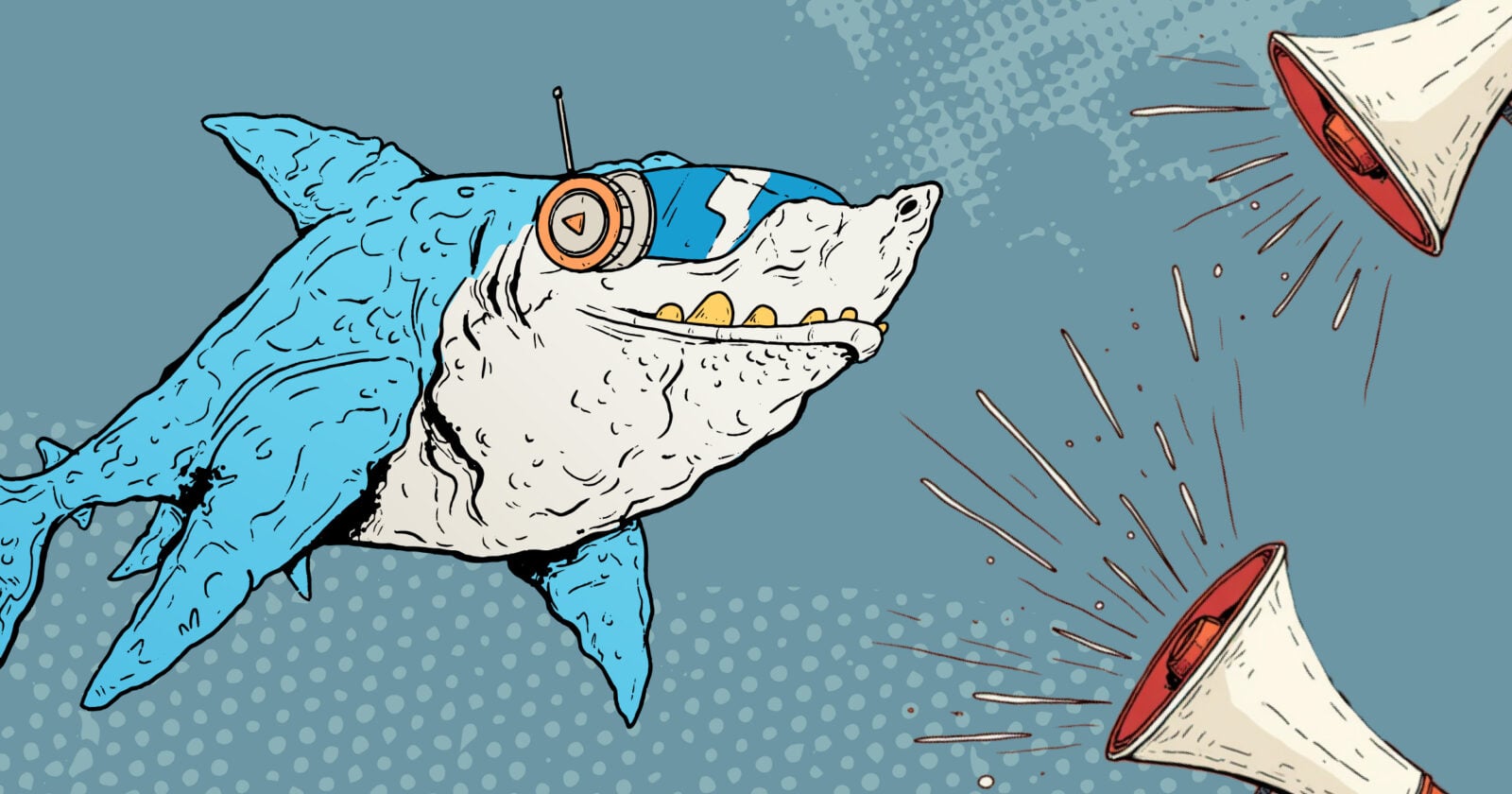 A shark wearing a VR headset cooly swims past blaring loudspeakers.