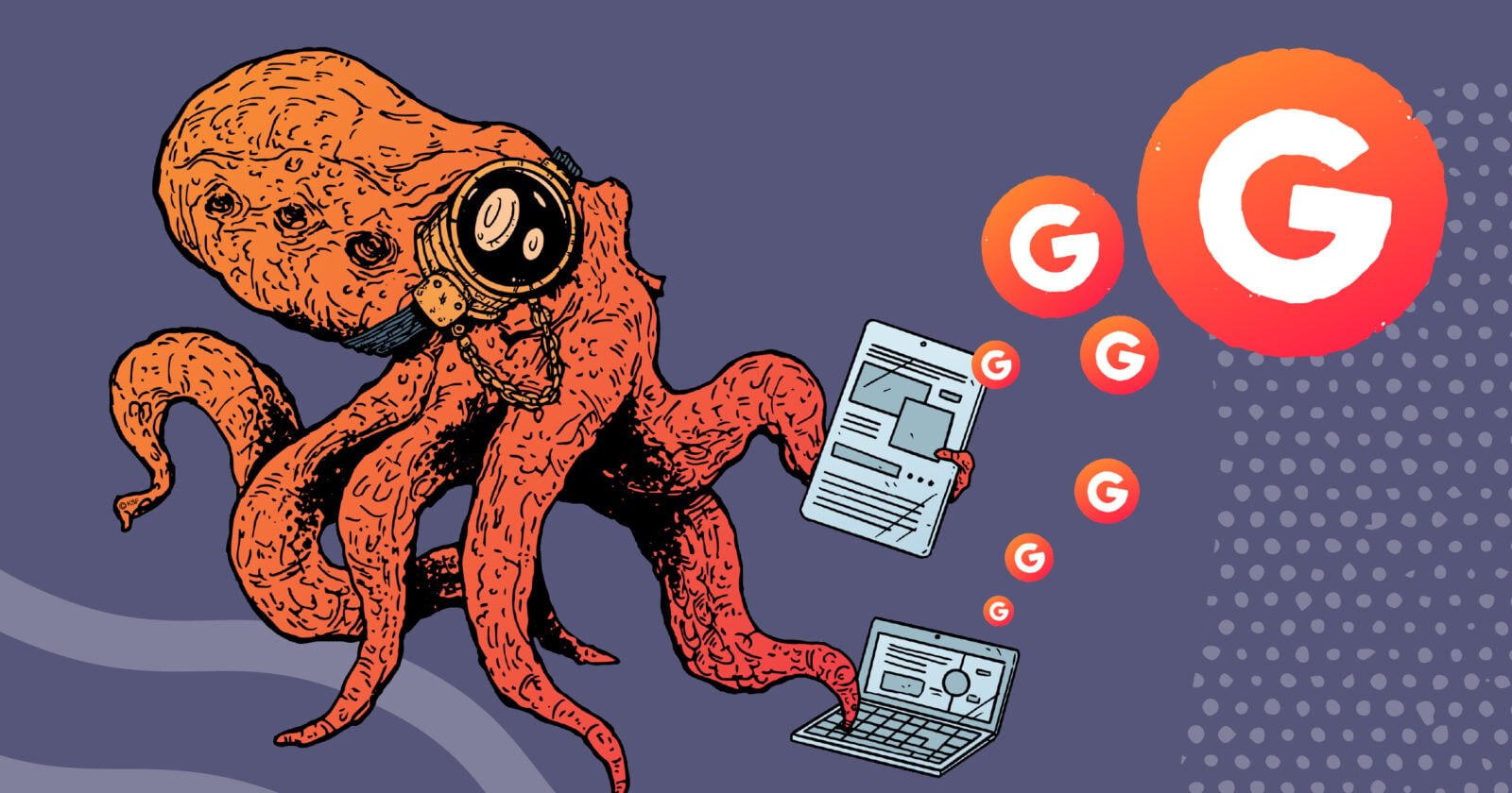 A tech-savvy kraken scores a high SEO ranking on Google with his website.