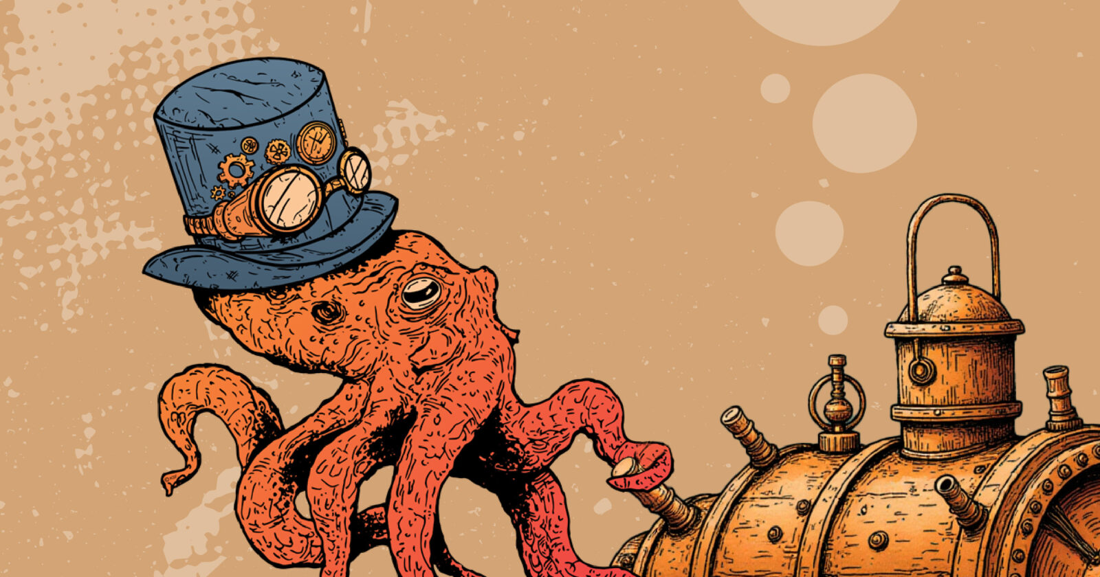 A kraken cranks up an old underwater machine.