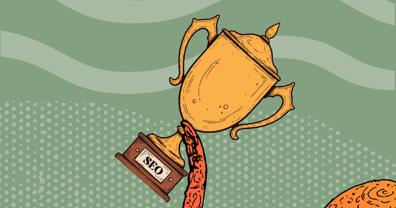 A kraken holds up a trophy with the word SEO on it.
