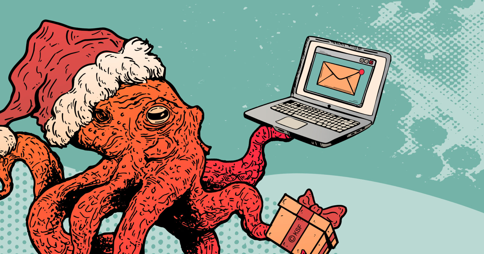 A kraken wearing a Santa hat holds a gift and a laptop with an email on the screen.